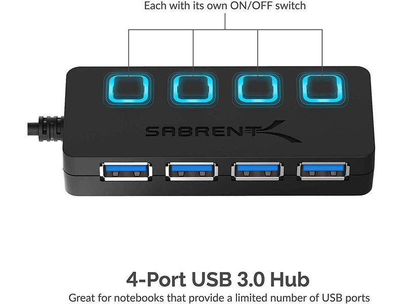 SABRENT 4-Port USB 3.0 Hub with Individual LED Lit Power Switches, Includes