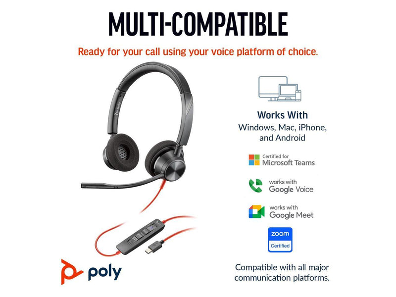 Poly Blackwire 3320 Stereo Microsoft Teams Certified USB-C Headset + USB-C/A