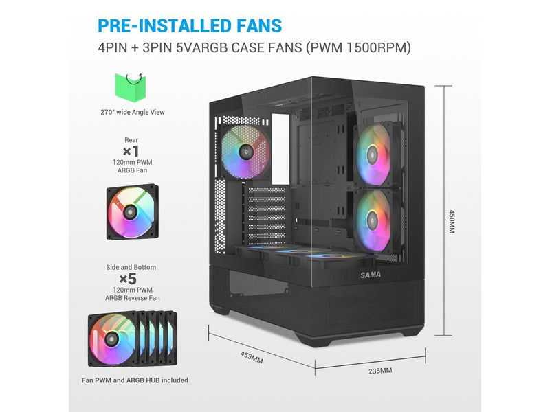 SAMA V40 Black ATX Mid Tower PC Case, 6 Pre-Installed 120mm ARGB PWM Fans, Dual