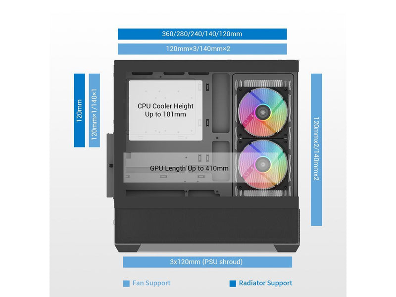 SAMA V40 Black ATX Mid Tower PC Case, 6 Pre-Installed 120mm ARGB PWM Fans, Dual