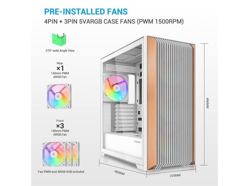 SAMA Z60 White Genuine Walnut Wood PC Case, ATX Mid Tower, Pre-Installed 4x