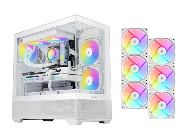 SAMA V40 White ATX Mid Tower PC Case, 6 Pre-Installed 120mm ARGB PWM Fans, Dual