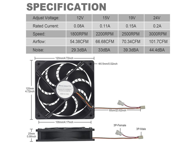 3-Pack 120mm 24V DC High Airflow Computer PC Case Fan 120x120x25mm 3Pin 4.72inch