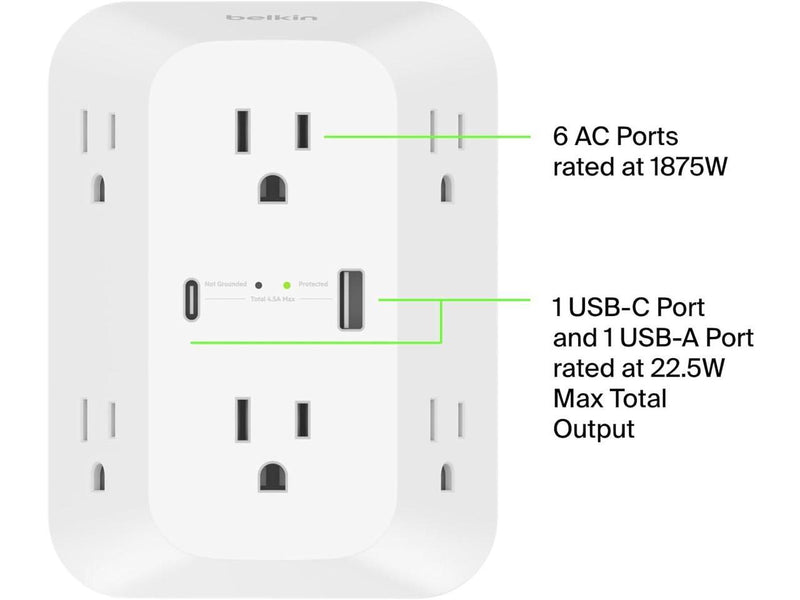 Belkin 6-Outlet Surge Protector Power Strip, Wall-Mountable with 6 AC Outlets,