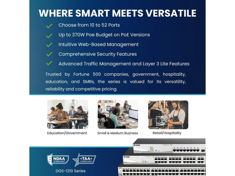 D-Link 10-Port Gigabit Smart Managed PoE+ Switch | 8 PoE+ Ports (130W) + 2