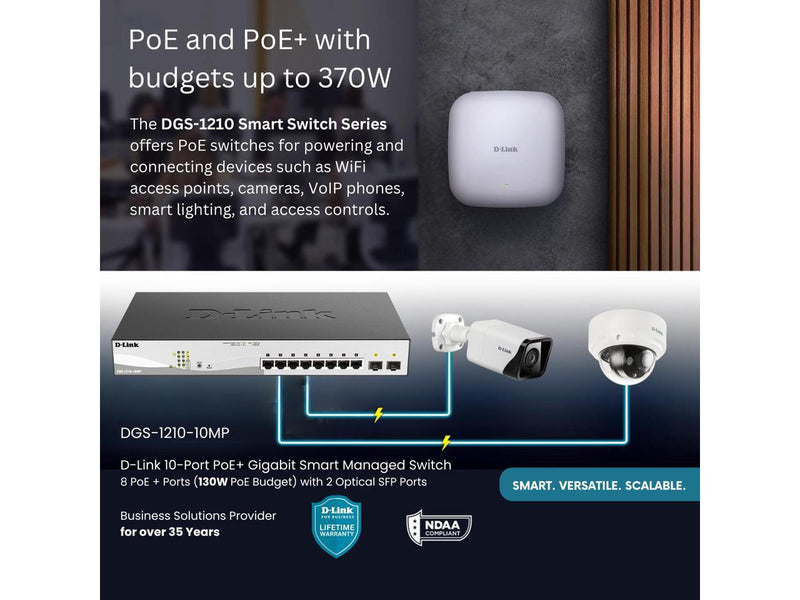 D-Link 10-Port Gigabit Smart Managed PoE+ Switch | 8 PoE+ Ports (130W) + 2