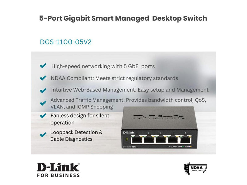 D-Link 5-Port Gigabit Smart Managed Switch | Web Managed | Cable Diagnostics |
