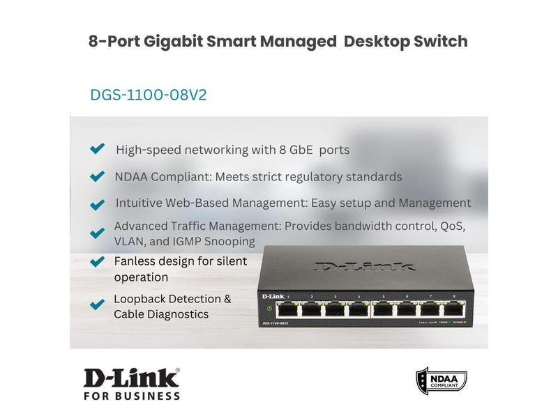 D-Link 8-Port Gigabit Smart Managed Switch | Web Managed | Cable Diagnostics |