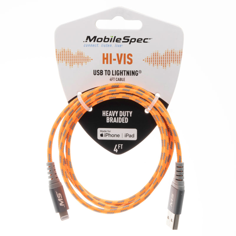 MobileSpec HiVis 4ft Lightning to USB-A Cable MBSHV0423  - Orange Charging Cord for Most Apple Devices Fast Charging - 4 Feet