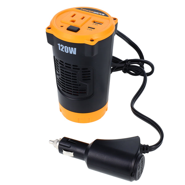 Power Inverter 120W Cup Holder 12v DC to 110v AC with Outlet and 2 Ports Cigarette Socket Adapter PWD120C