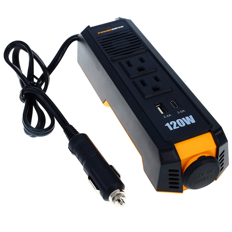120W Power Inverter 12v Power Strip DC to 110v AC with 2 Outlets 2 USB Ports PWD120S