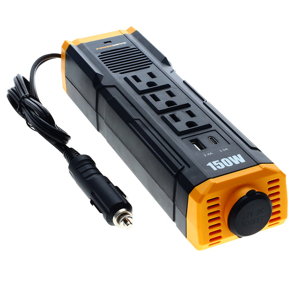 150W Car Power Inverter DC 12V to 110V AC Converter with 3 Charger Outlets and Dual USB Ports Cigarette Lighter Socket Adapter PWD150S