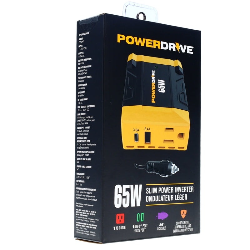 PowerDrive 65 Watt Power Inverter PWD65  Slim 12v DC to 110v AC with Outlet and 2 Ports