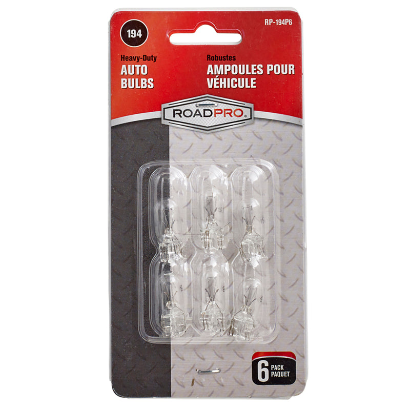 RoadPro RP-194P6 No. 194 Heavy Duty Long Life Automotive Replacement Bulbs - Clear Mini Light Bulbs Side Marker DRL and More - Pack of 6