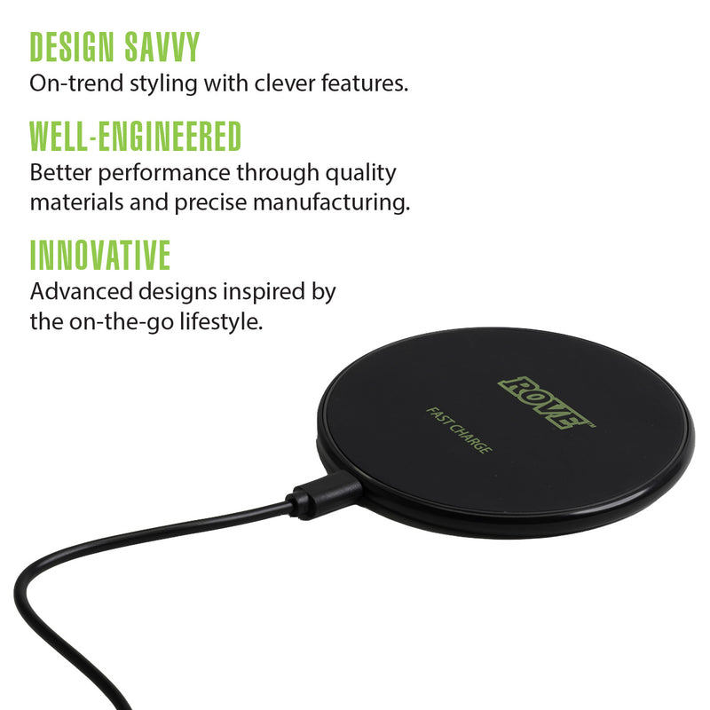 Rove RV03000 Wireless Charger 10W Qi Wireless Charging Pad for Qi Enabled Android or Apple Devices Slim Design 6ft Cord - Black