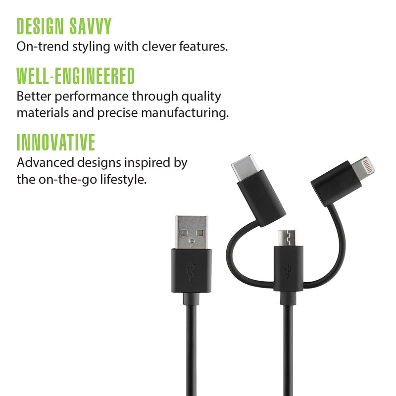 Rove RV06551 4ft 3-in-1 Multi Charging Cord Android and iPhone-Ready Cable - Black
