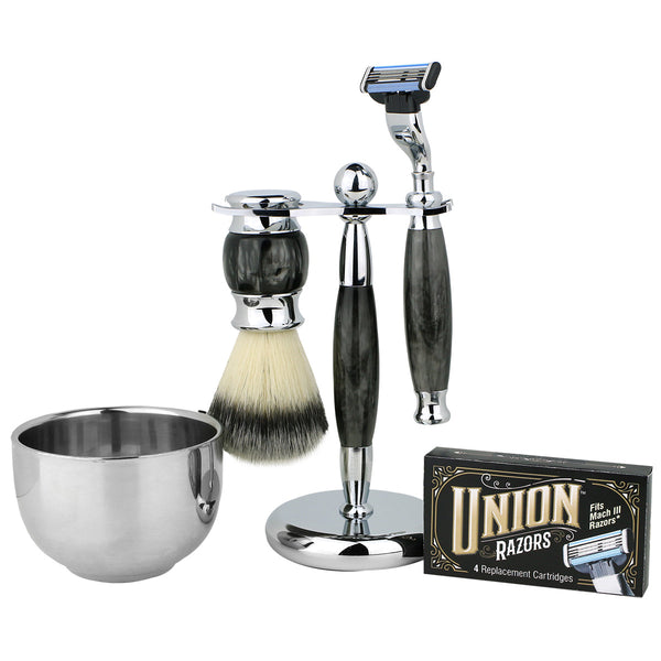 Union Razors SG4 Wet Shaving Kit for Men 5-Piece Shaving Gift Set with Brush and Stand Razor Barber Kit - Pearl Gray
