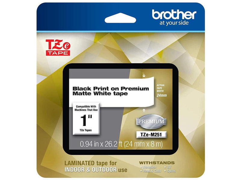 Brother TZeM251 Black Print on Premium Matte White Laminated Tape for P-touch