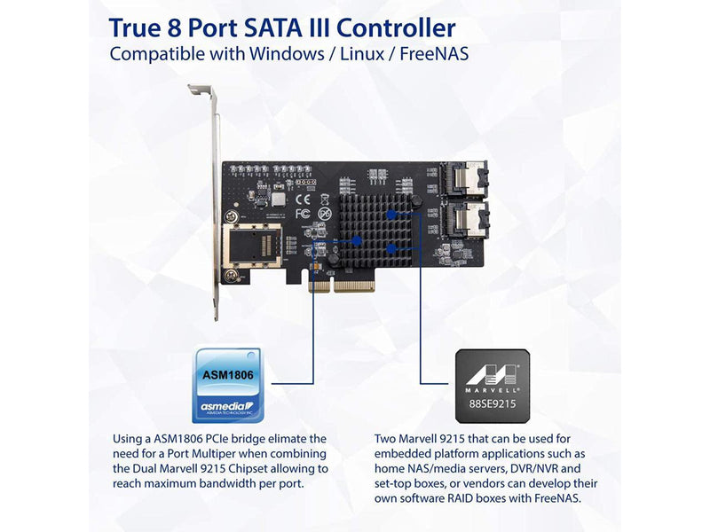 Syba 8 Port SATA III Non-RAID PCI-e x4 Expansion Card Supports FreeNAS
