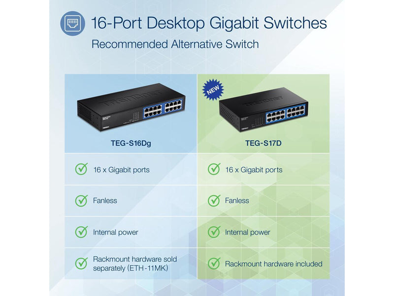 TRENDnet 16-Port Gigabit Desktop Switch, TEG-S17D, 16 x Gigabit RJ-45 Ports,