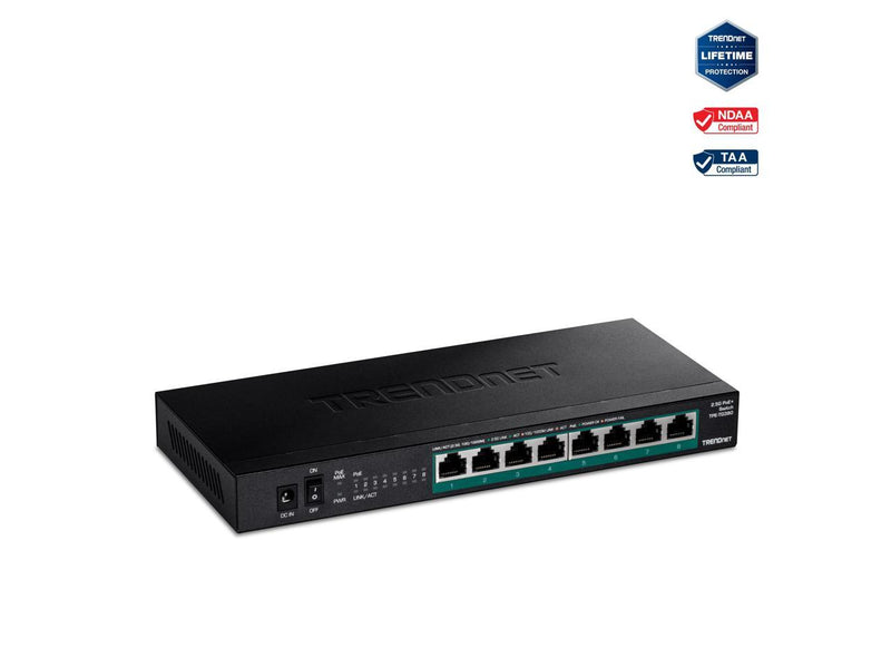 TRENDnet 8-Port Unmanaged 2.5G PoE+ Switch, Fanless, Compact Desktop Design,