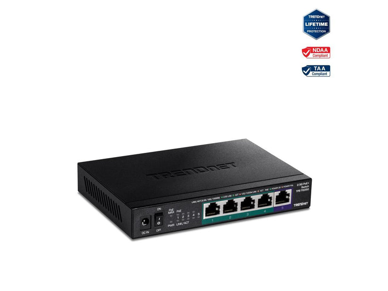 TRENDnet 5-Port Unmanaged 2.5G PoE+ Switch, Fanless, Compact Desktop Design,