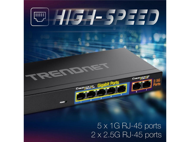 TITLE: TRENDnet 7-Port Multi-Gig Gaming Switch, TEG-S327, 5 x 1G RJ-45 Base-T