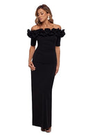 3856X XSCAPE WOMENS LONG OFF THE SHOULDER SCUBA CREPE DRESS SIZE 14 BLACK - Brand New