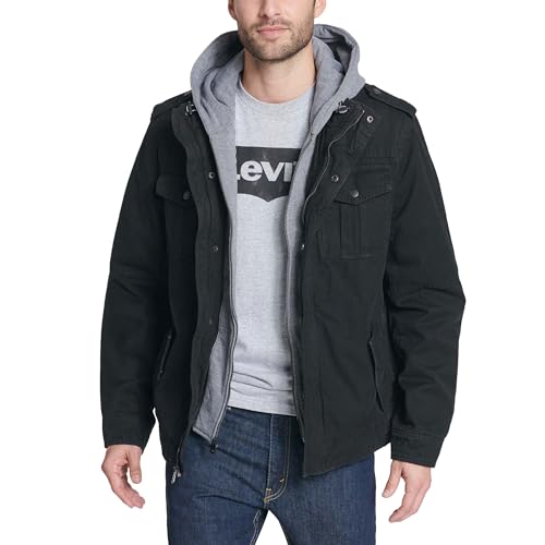 LEVI'S MEN'S WASHED COTTON HOODED MILITARY JACKET MEN 2XL BLACK - Brand New