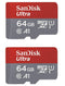 SanDisk 2x64GB Ultra Plus MicroSDXC UHS-1 Cards with SD Adapters - RED/GRAY - Brand New