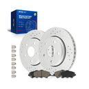 KAX FRONT BRAKE KIT, DRILLED AND SLOTTED BRAKE ROTORS, CERAMIC BRAKE PADS - Brand New