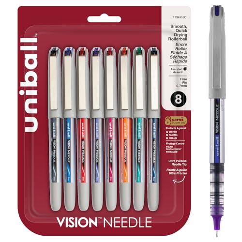 UNIBALL VISION NEEDLE ROLLERBALL PENS, FINE POINT, ASSORTED COLOR INK 8 COUNT - Brand New