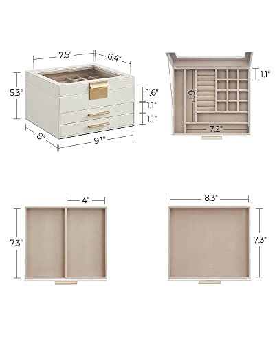 SONGMICS Jewelry Box with Glass Lid, 3-Layer Jewelry Organizer JBC239WT - WHITE - Brand New