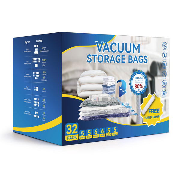 SIMPLE DELUXE 32 PACK VACUUM STORAGE BAGS WITH HAND PUMP - CLEAR/BLUE - Brand New