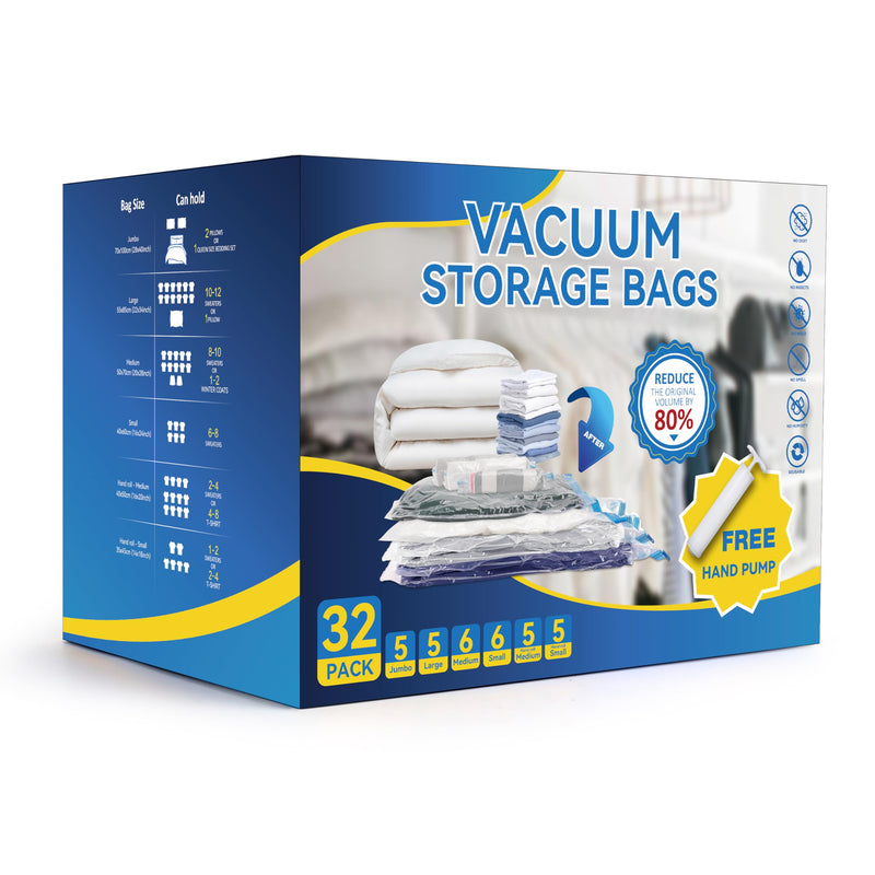 SIMPLE DELUXE 32 PACK VACUUM STORAGE BAGS WITH HAND PUMP - CLEAR/BLUE - Brand New