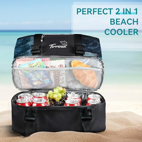 TIRRINIA MESH BEACH BAG WITH COOLER COMPARTMENT EXTRA LARGE TOTE - OS - BLACK - Like New