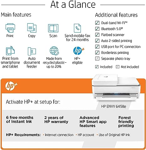 HP Envy All-in-One Wireless Color Inkjet Printer Print Copy Scan 6458e - White - Like New