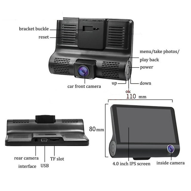 TEETHEORY 4.0 LNCH 3 CAMERAS LENS CAR DVR VIDEO RECORDER DASH CAMERA - BLACK - Like New