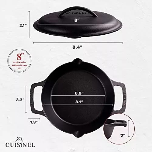 Cuisinel Cast Iron Skillet with Cast Iron Lid, 8" Dual Handle Frying Pan - Black - Like New