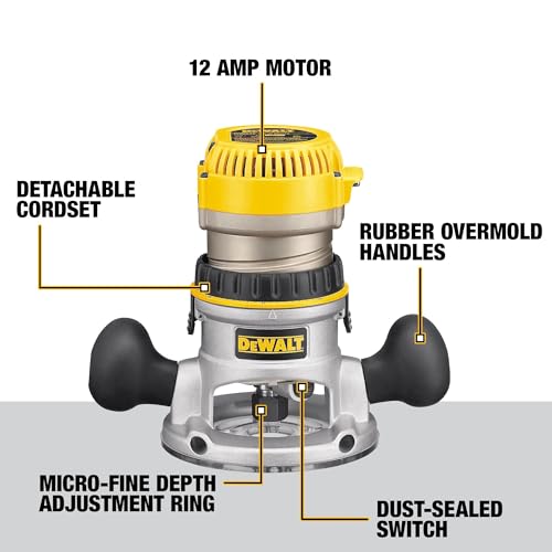 DEWALT ROUTER FIXED AND PLUNGE BASE KIT SOFT START 12-AMP 24,000 RPM - YELLOW - Like New