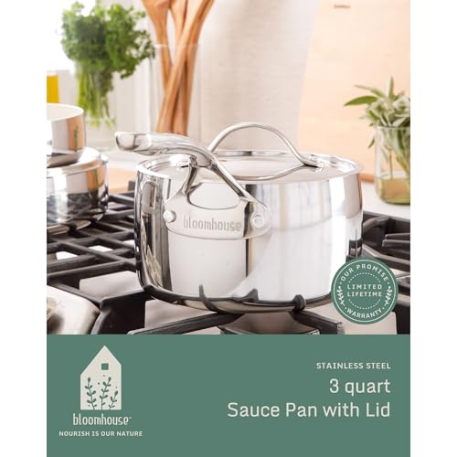 BLOOMHOUSE 3-QT TRIPLY SAUCE PAN W/NON-STICK INTERIOR - LINEN WHITE - Brand New
