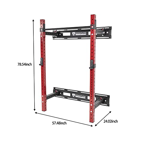 SIGNATURE FITNESS 3” X 3” WALL MOUNTED FOLD-IN POWER CAGE SQUAT RACK - RED - Like New