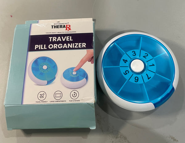 GENERIC TRAVEL PILL ORGANIZER, 7 COMPARTMENTS - WHITE/BLUE - Like New
