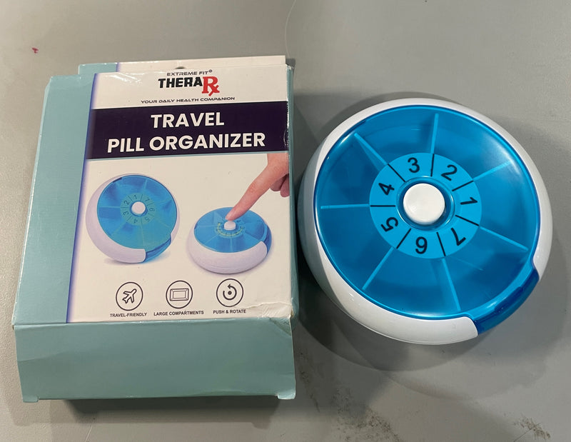 GENERIC TRAVEL PILL ORGANIZER, 7 COMPARTMENTS - WHITE/BLUE - Like New
