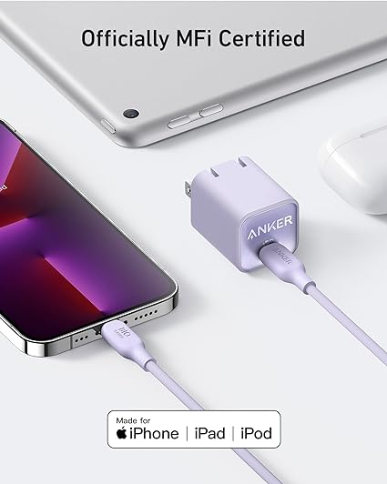 Anker USBC GaN 511 Charger 30W Nano 3 6ft USB-C to A2152 - Lilac Purple Like New