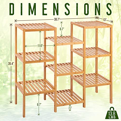 SereneLife 9-Shelf Bamboo Plant Stand - 13'' x 38'' x 35.5'' 9 Tier Adjustable - Like New
