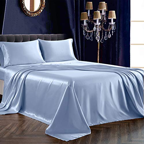 SiinvdaBZX 4Pcs Satin Sheet Set Queen Size Ultra Silky Soft Baby Blue - Like New