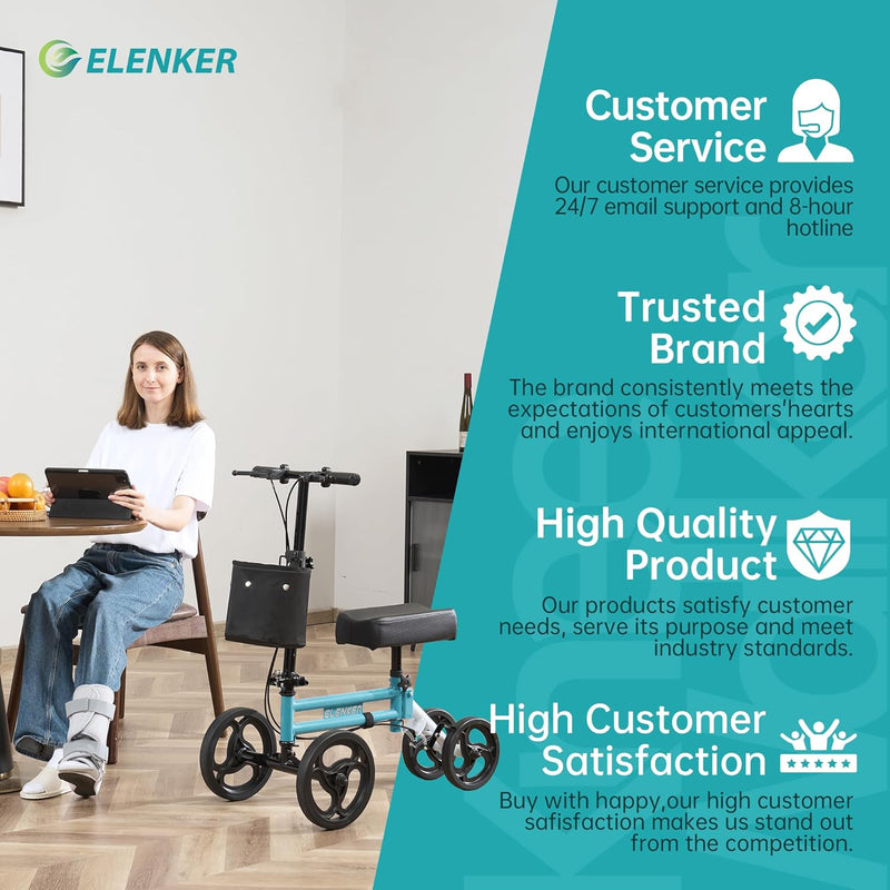 ELENKER YF-9005E STEERABLE MEDICAL KNEE WALKER 10" WHEELS - LIGHT BLUE/WHITE - Brand New