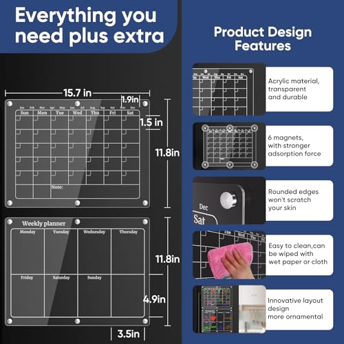 Acrylic Magnetic Calendar for Refrigerator,2pcs Magnet Fridge Calendar - Like New