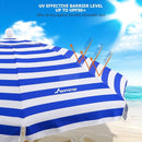 MOVTOTOP 6.5FT BEACH UMBRELLA WITH SAND ANCHOR & TILT MECHANISM - BLUE WHITE - Like New